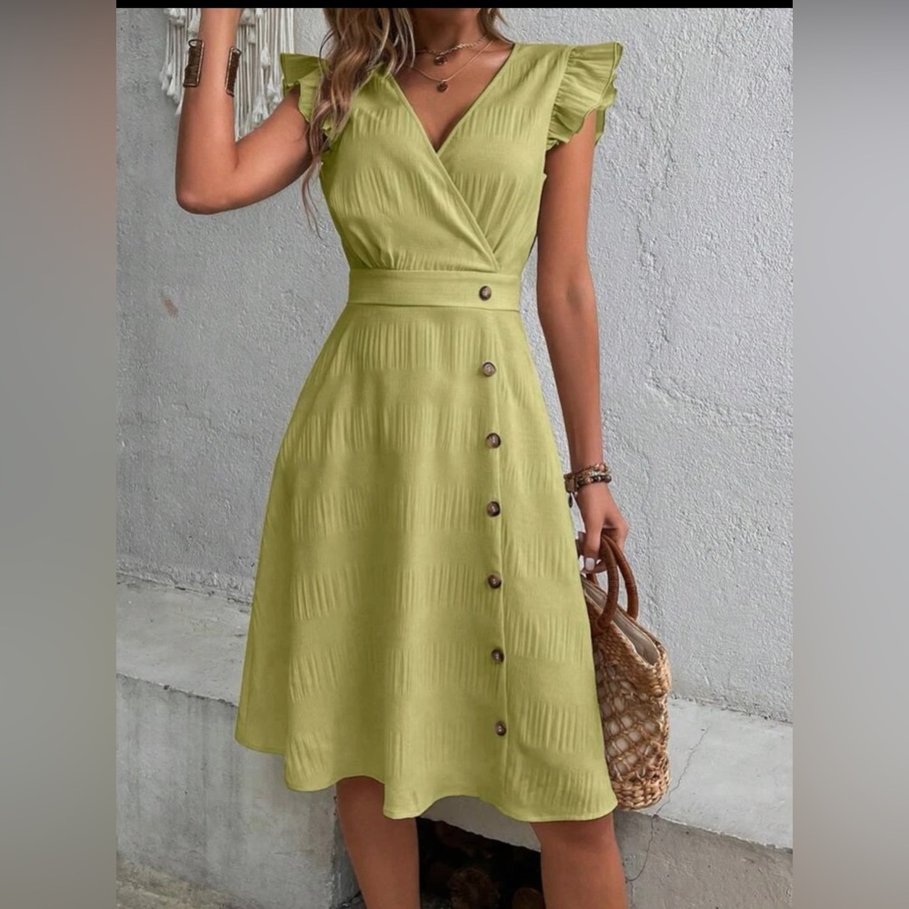 New* SHEIN Neck Ruffle Trim Button Dress